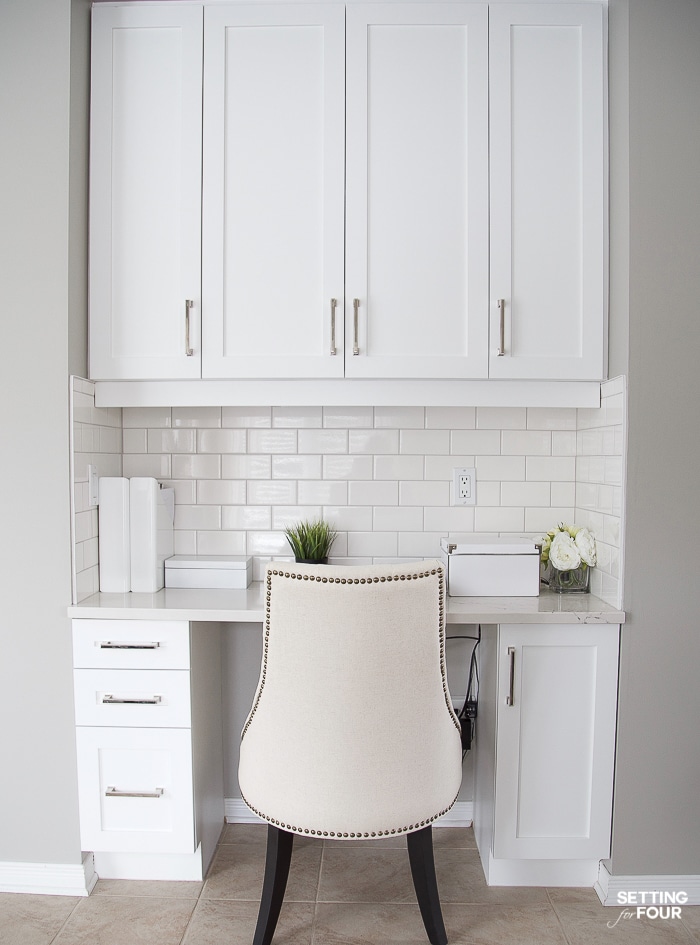 Kitchen idea: use light grey kitchen backsplash tile grout to match Mindful Gray wall paint color. Kitchen office nook idea. #tile #grout #backsplash #kitchen #office #nook