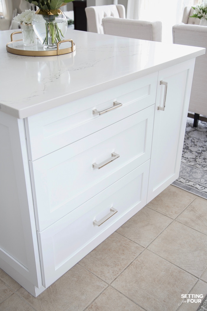 Elegant brushed nickel hardware on pot drawers on kitchen island. #kitchen #island #cabinetry #handles #makeover #glam #simple #elegant