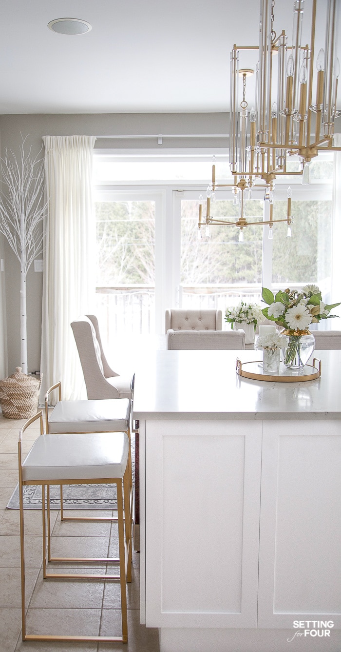 Stackable gold and white counter stools for kitchen island. #kitchen #affordable #gold #stools #makeover 