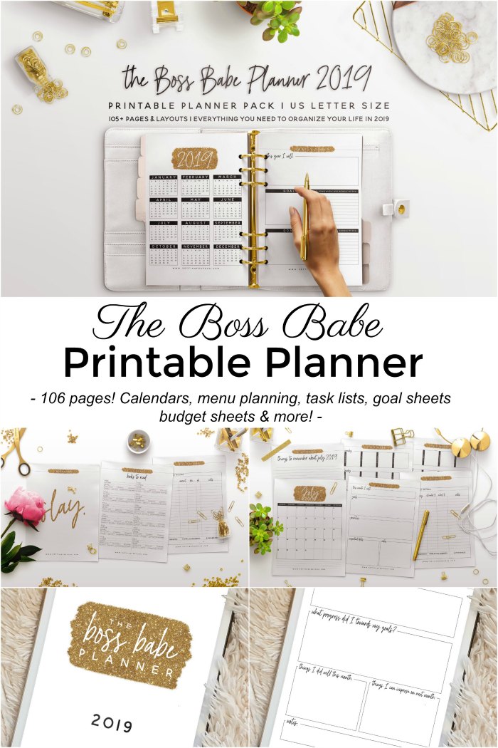 Get organized this year with this Boss Babe 2019 Printable Planner! It's perfect for Moms, business owners, bloggers and career women! It includes 106 Printable Pages to plan your ENTIRE YEAR with printable checklists, tracking sheets, to do lists, places to be and calendars too! #planner #printable #organization #2019 #moms #family #bloggers #entrepreneurs #planning