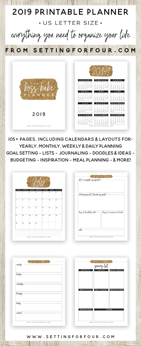 Get organized this year with this Boss Babe 2019 Printable Planner! It's perfect for Moms, business owners, bloggers and career women! It includes 106 Printable Pages to plan your ENTIRE YEAR with printable checklists, tracking sheets, to do lists, places to be and calendars too! #planner #printable #organization #2019 #moms #family #bloggers #entrepreneurs #planning