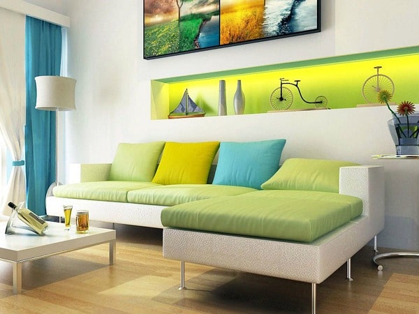 How to create a bright living room with a Blue-Green, Green, Yellow-Green analogous color palette. #analogous #color #paint #colorpalette #bright #livingroom