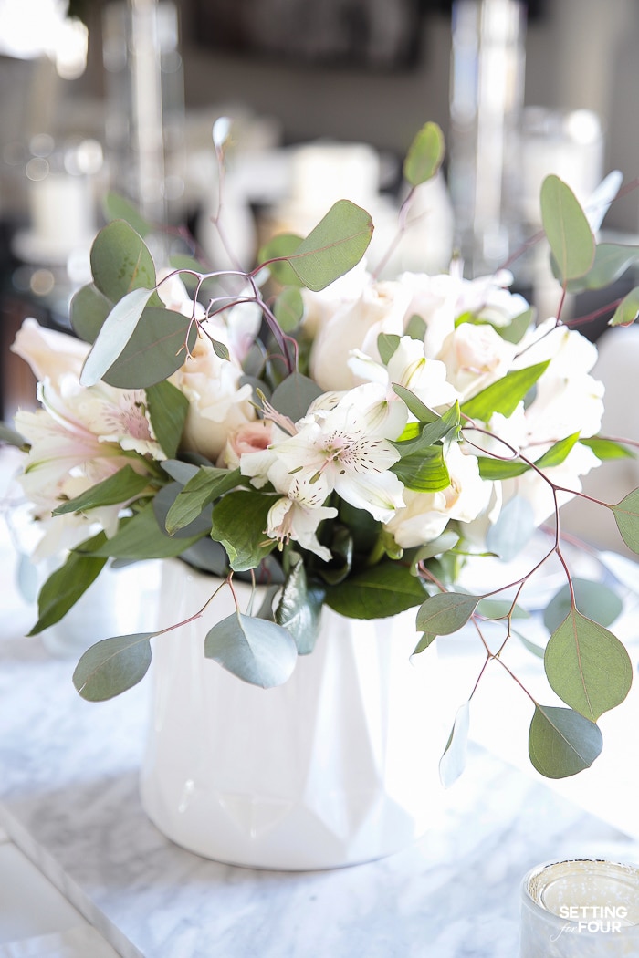 How To Make a Simple Modern Floral Centerpiece. DIY, flower, pink, white, low budget, dining table centerpiece, williams sonoma pottery barn look, perfect for a wedding or party, low centerpiece idea.