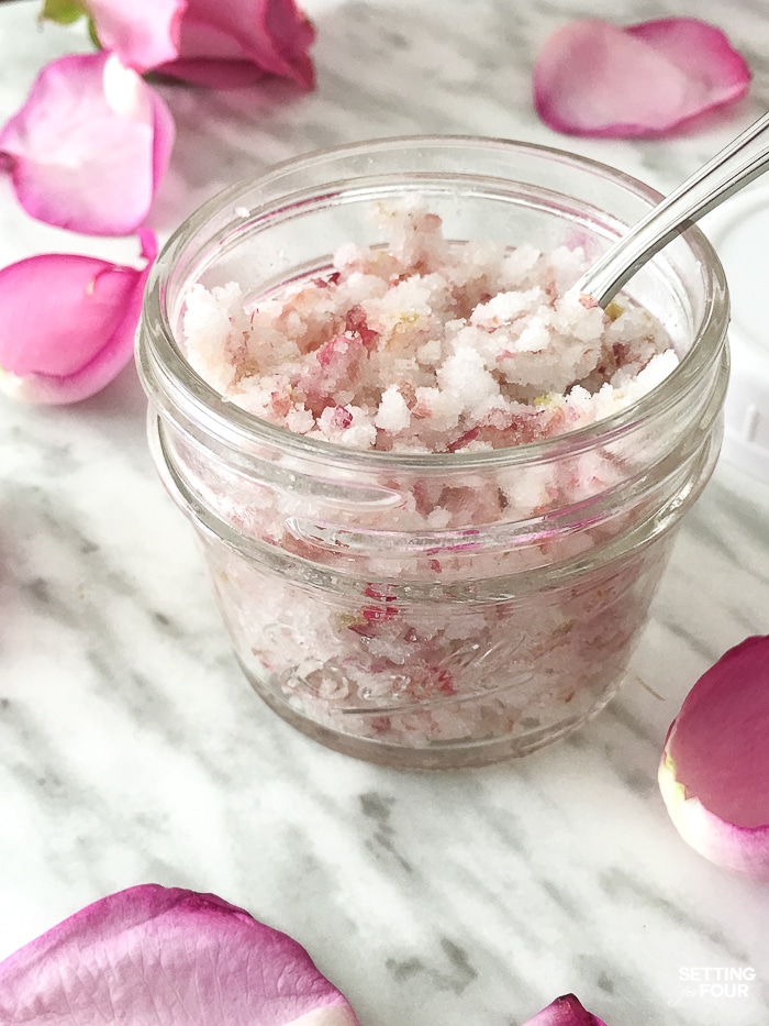 Quick and EASY! DIY Rose Sugar Scrub Recipe! Perfect for Valentine's Day, Galentine's Day party favors, birthdays, holidays, Mother's Day. #diy #tutorial #skincare #beauty #sugarscrub #recipe #rose #coconut #valentinesday #galentinesday #party #birthday #mothersday