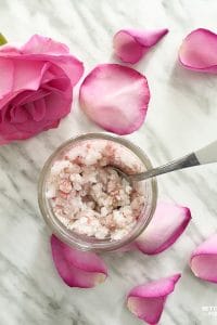 Quick and EASY! Homemade Rose Petal Sugar Scrub Recipe! Perfect for Valentine's Day, Galentine's Day party favors, teacher gifts, birthdays, holidays, Mother's Day. #diy #tutorial #skincare #beauty #sugarscrub #recipe #rose #coconut #valentinesday #galentinesday #party #birthday #mothersday