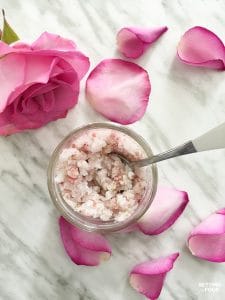 Quick and EASY! Homemade Rose Petal Sugar Scrub Recipe! Perfect for Valentine's Day, Galentine's Day party favors, teacher gifts, birthdays, holidays, Mother's Day. #diy #tutorial #skincare #beauty #sugarscrub #recipe #rose #coconut #valentinesday #galentinesday #party #birthday #mothersday