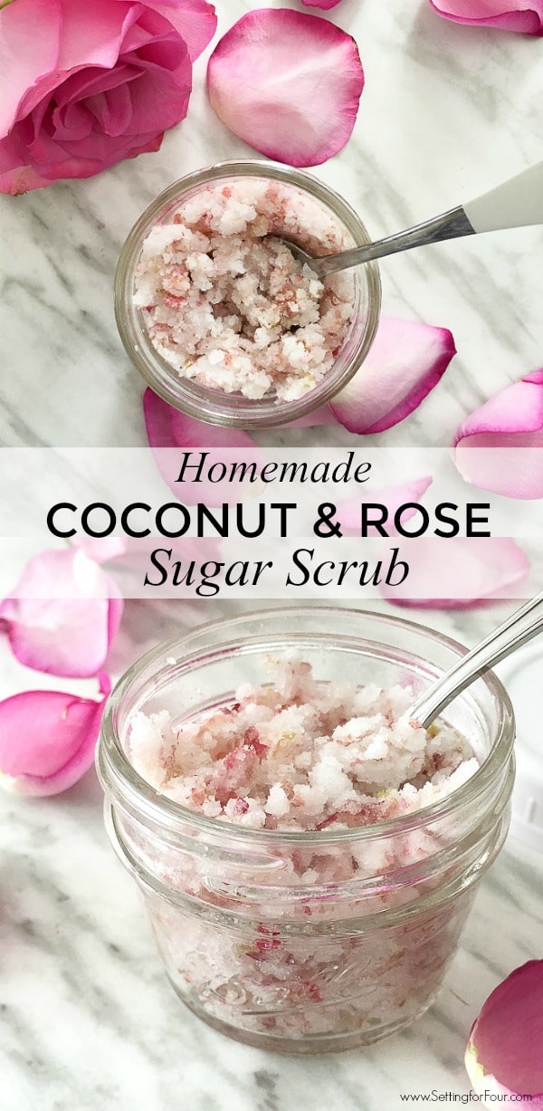 Quick and EASY! Homemade Coconut and Rose Sugar Scrub Recipe! Perfect for Valentine's Day, Galentine's Day party favors, birthdays, holidays, Mother's Day. #diy #tutorial #skincare #beauty #sugarscrub #recipe #rose #coconut #valentinesday #galentinesday #party #birthday #mothersday