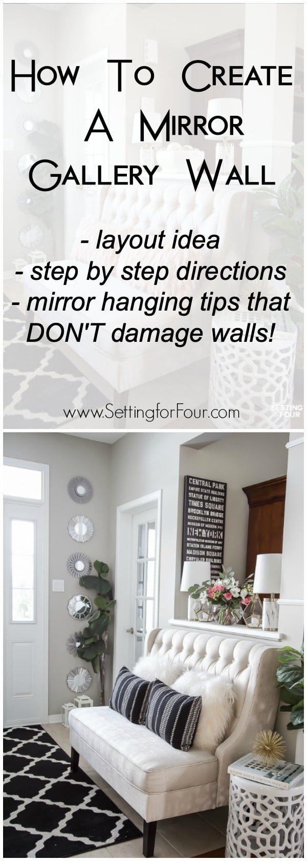 How to create a beautiful mirror gallery wall! Instructions, layout idea and mirror hanging tips that don't damage walls! #damagefree #nonails #commandstrips #3mcommand #mirrors #gallerywall #decor