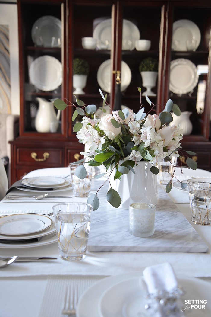 Dining Room Decor & Centerpiece Ideas. white vase of flowers and luxury dinnerware, marble table runner, modern classy elegant neutral decor ideas for the dining room, china cabinet and dining table