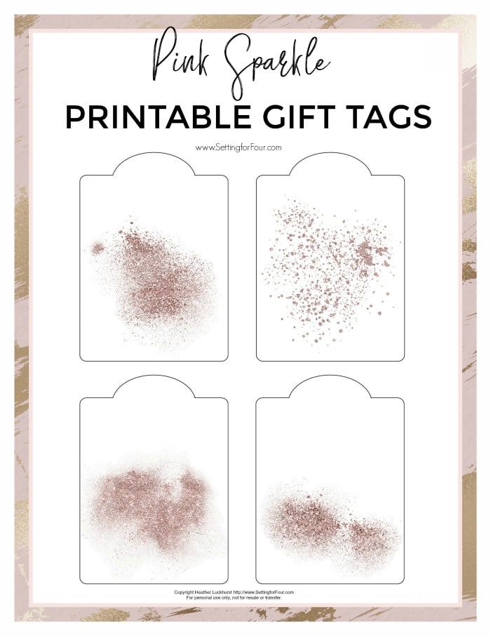 FREE Pink Sparkle Printable Gift Tags! Perfect for Valentine's Day, Galentine's Day party favors, birthdays, holidays, Mother's Day. 4 different sparkle designs. #free #printable #gift #tag #gifttag #valentinesday #galentinesday #party #birthday #mothersday