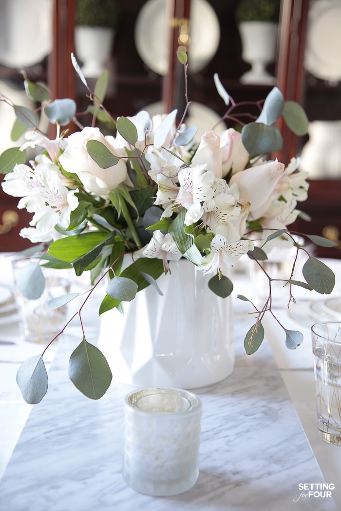Easy Floral Centerpiece Ideas For A Dining Table or kitchen island decor. flower, eucalyptus, wedding table, simple, elegant decor idea.