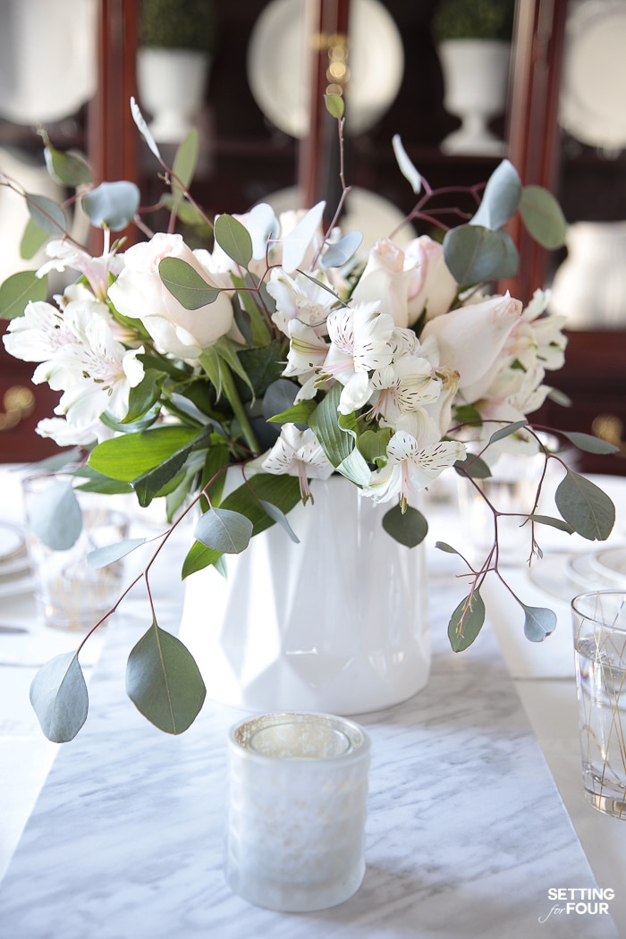 Romantic blush roses eucalyptus centerpiece - for everyday, parties and weddings! #romantic #blush #pink #roses #centerpiece #flowers #weddings #parties #everyday