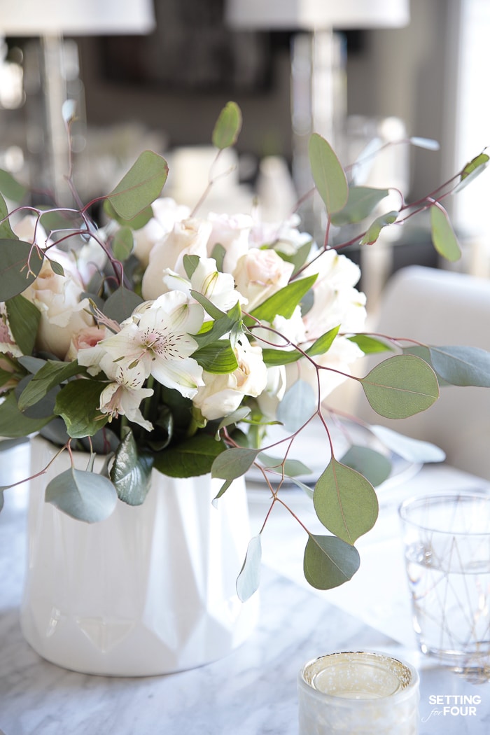 DIY Floral Centerpiece For A Dining Room. How to make this beautiful simple neutral flower centerpiece with roses and eucalyptus greenery for everyday or formal occasions. modern ideas, coastal, modern farmhouse, traditional design style.