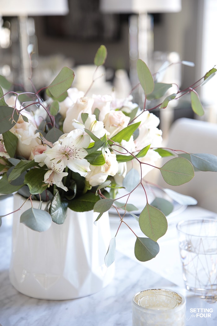 How to make a simple flower arrangement for the home. #diy #flower #floralarrangement #decor #decorideas #centerpiece #vase #eucalyptus #rose