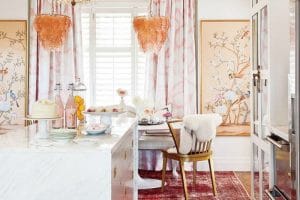 Dining Area using Pantone Color of the Year Living Coral! #livingcoral #pantone #diningroom #decorideas #lighting #interiordesign