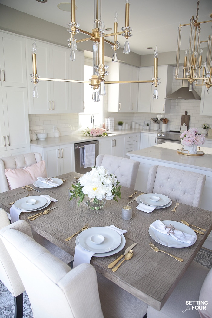 Spring kitchen. Lighting, dining furniture, floral decor. #spring #kitchen #lighting #gold #pink #color