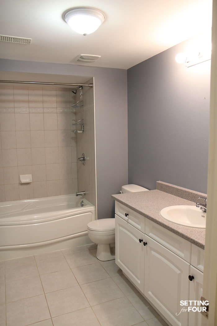 Dated bathroom that needs a makeover. Tub shower, cracked tile.