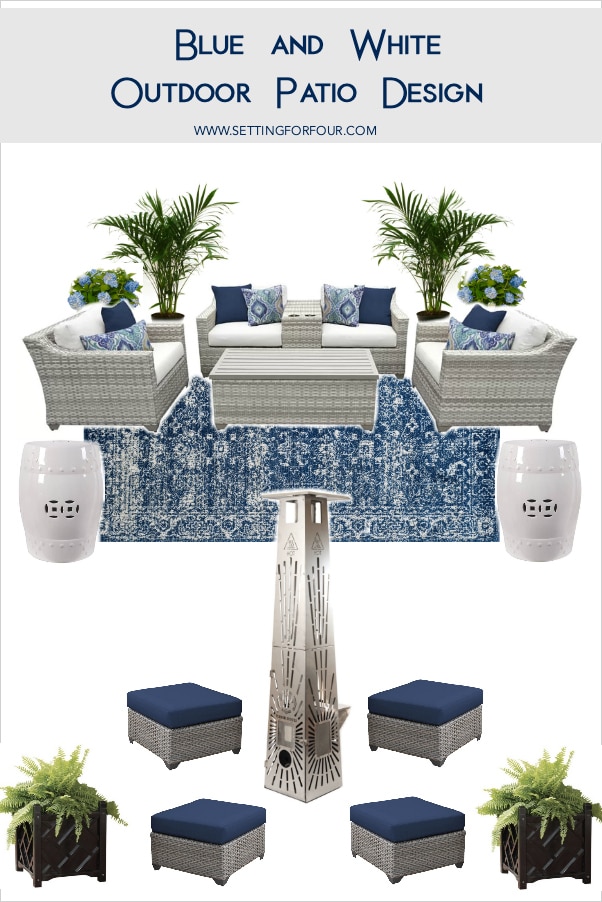 Blue and white outdoor patio design with outdoor furniture, rug and container plants.