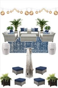 GORGEOUS backyard patio design ideas! See this beautiful patio mood board for furniture, rug, plant, outdoor patio heater ideas to decorate your outdoor living area! #patio #ideas #backyard #decorating