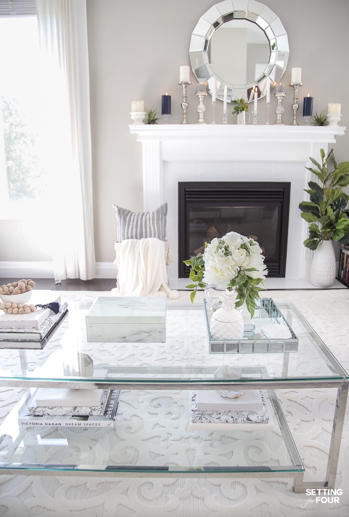 Fireplace mantel decorated and coffee table in an elegant living room.
