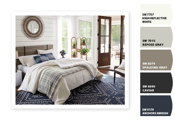 Blue and white lake house bedroom paint color ideas and color scheme