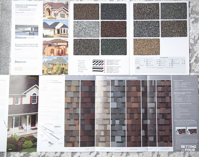 Shingle brochures we received from roofing companies showing roof shingle colors.