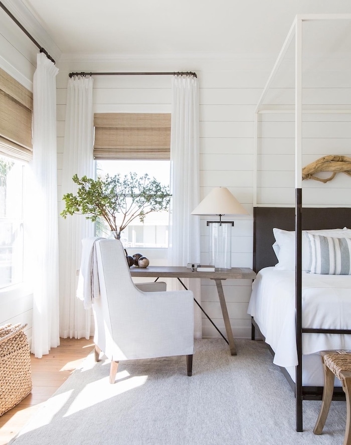 Simple Bedroom Decor Ideas. plain, easy, male bedroom, masculine, black bed frame, planked walls, bedroom curtains, bedroom desk idea. cozy, elegant, male, color trend, coastal, beach house, airbnb, neat, tidy