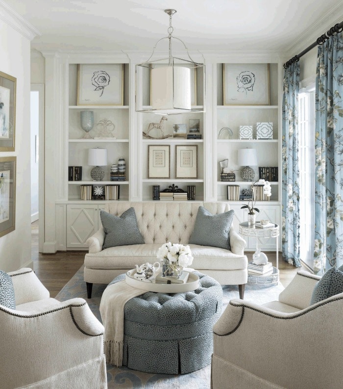 Love this blue and white living room design with builtins! Whole home paint color palette.