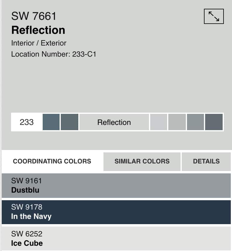 Sherwin Williams Reflection 7661 Coordinating Paint Colors