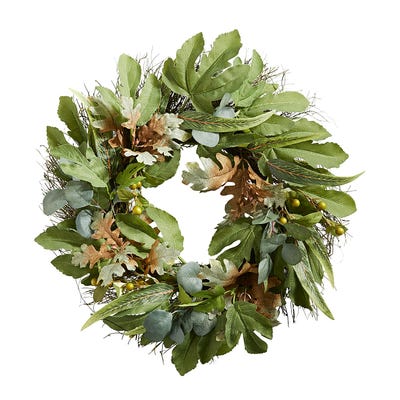 Fall wreath with eucalyptus, fig and oak leaves