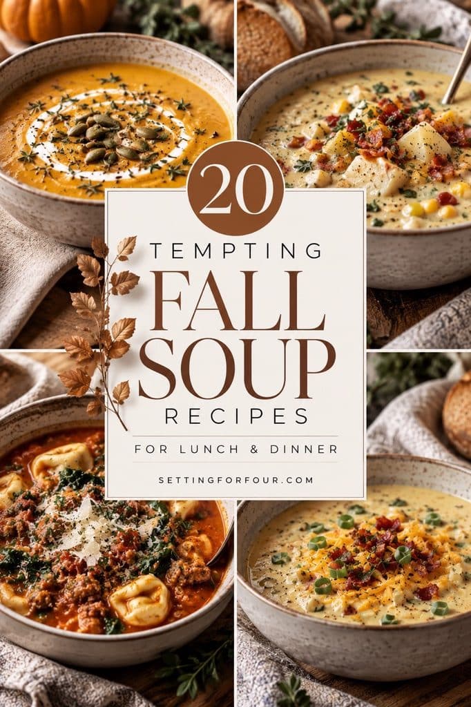 Pinterest graphic featuring 20 cozy fall soup recipes for lunch and dinner, with four bowls of homemade autumn soups including creamy pumpkin soup, potato soup, and tortellini soup