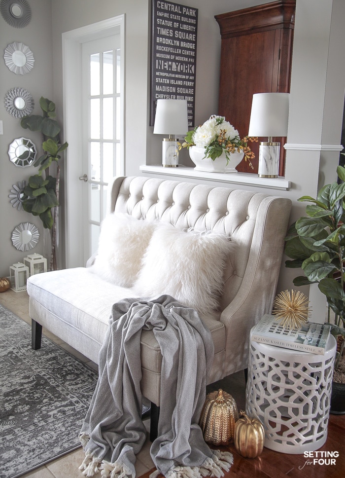 4 Fall Entry way Decor Ideas: Simple Ways To Welcome Autumn Into Your Home. I LOVE this bench in this elegant entrance!