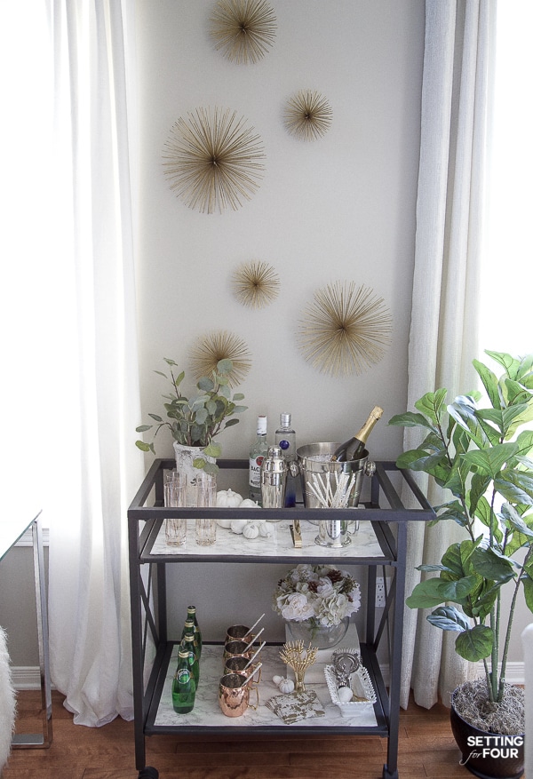 Elegant Bar Cart Decor Ideas. Bar cart, bar ware, wall art, decor.
