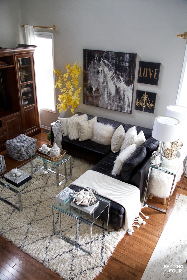 Learn how to decorate a transitional modern family room for fall - 5 ways!