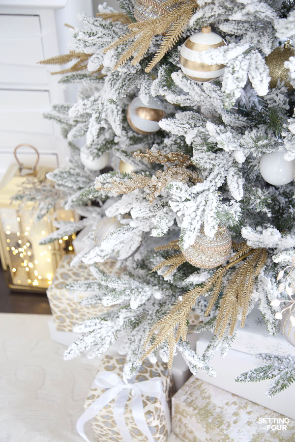 Elegant Gold and White Flocked Christmas Tree - Setting For Four Interiors