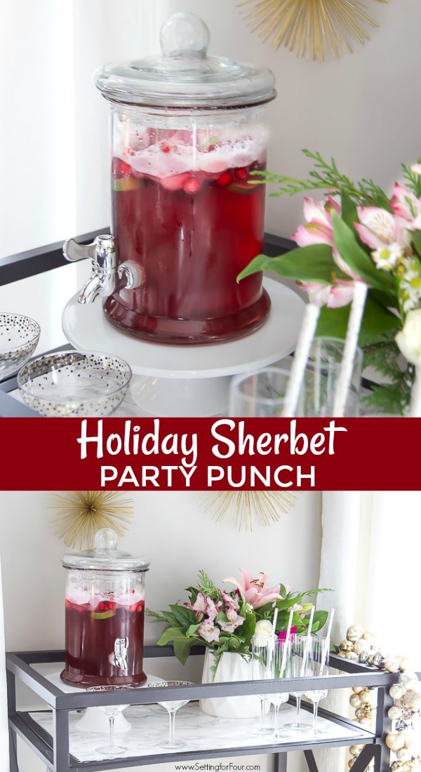 Holiday Sherbet punch recipe in a glass drink dispenser for a party.