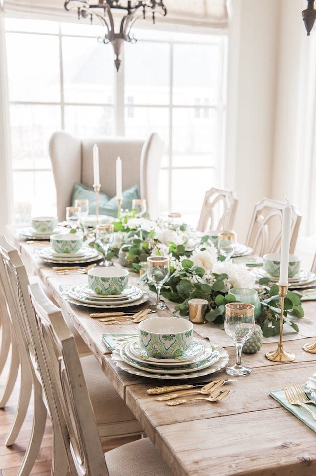 St Patricks Day Table Decor Idea with floral runner.