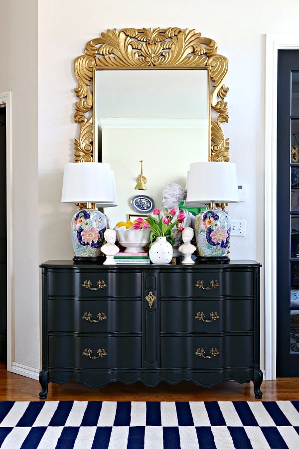 A beautiful DIY furniture project - dresser painted Tricorn Black Sherwin Williams. It's one of the most popular TOP 50 paint colors at Sherwin Williams. 