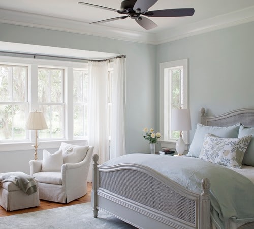 Bedroom painted Sherwin Williams Sea Salt. It's one of the most popular TOP 50 paint colors at Sherwin Williams.