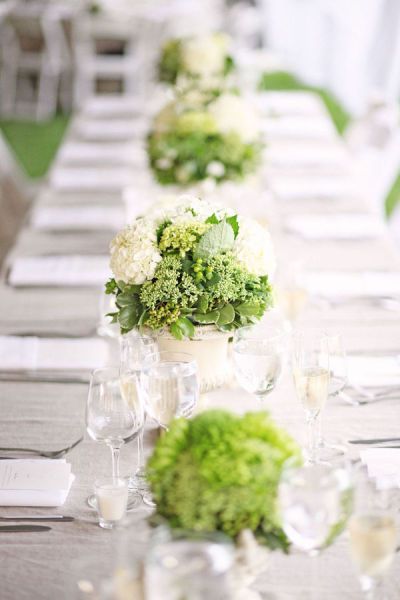 Mini bouquets of white and green hydrangeas mixed with green leafed plants are stunning on a simple white tablecloth.