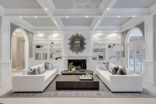 Two sofas arranged in an open concept living room.