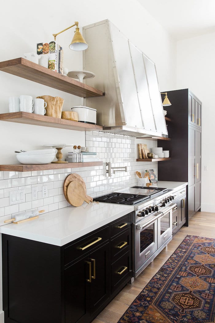 Sherwin Williams Tricorn Black Kitchen Cabinet Color. neutral kitchen, modern, transitional, farmhouse, minimalist, cozy, elegant, color scheme, color palette, white walls, black lower cabinets