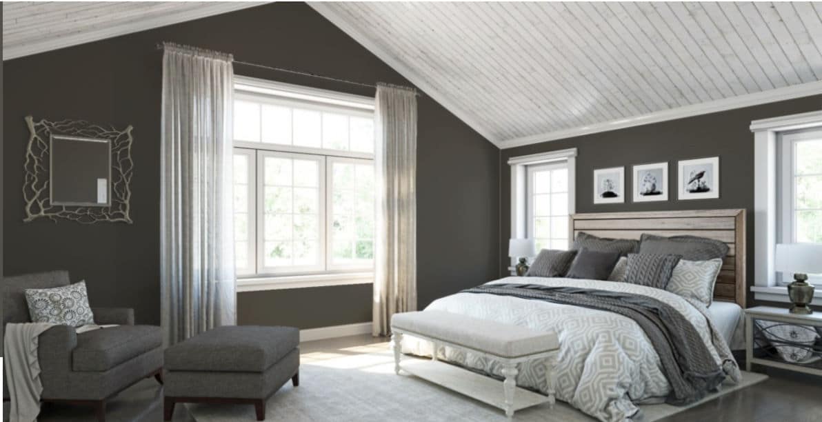 Sherwin Williams Urbane Bronze SW 7048 paint color on bedroom walls.