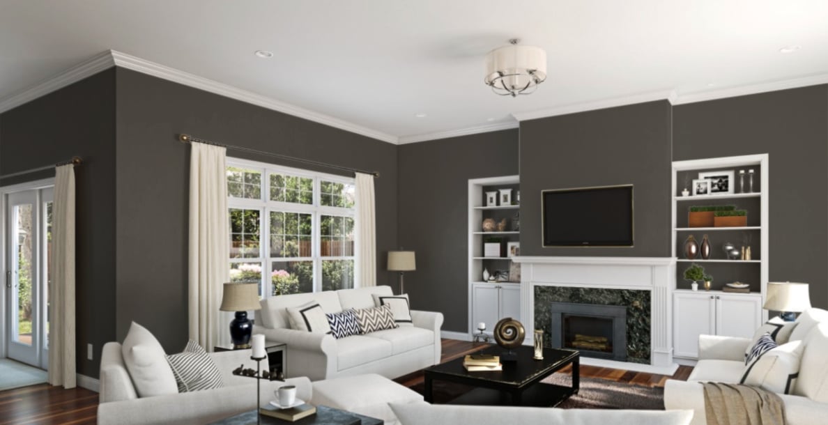 Sherwin Williams Urbane Bronze SW 7048 paint color on living room walls.