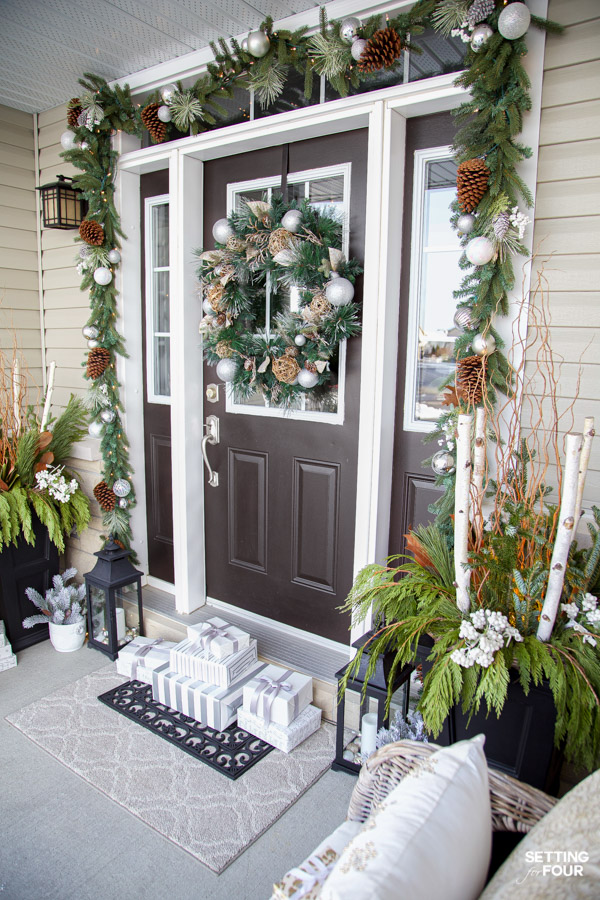 Beautiful Christmas Front Porch Decor Ideas. Christmas wreath, Christmas planters and lantern ideas.