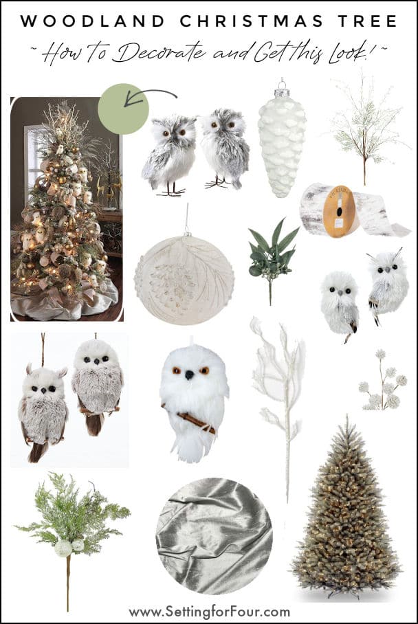 Elegant woodland Christmas tree with owl ornaments and pinecone decor.