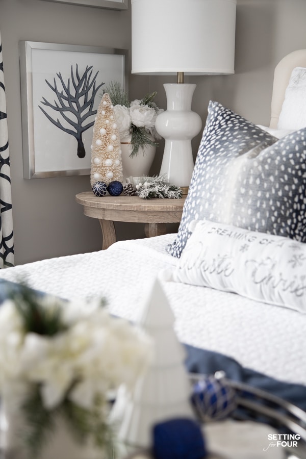 Elegant Blue and White Christmas Bedroom and Nightstand Decorating Ideas! 