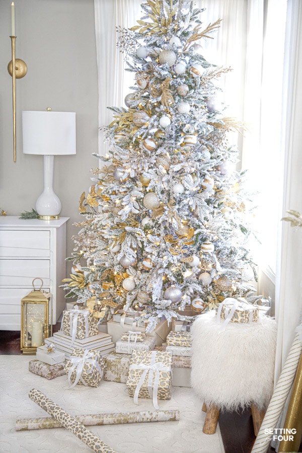 Elegant Crystal, Gold and White Flocked Christmas Tree