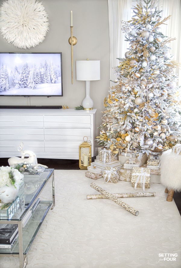 Glam Crystal, Gold and White Christmas Tree in living room.