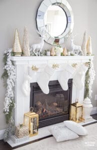 Happy Holidays! Gold and white Christmas mantel with elegant, glam decor.